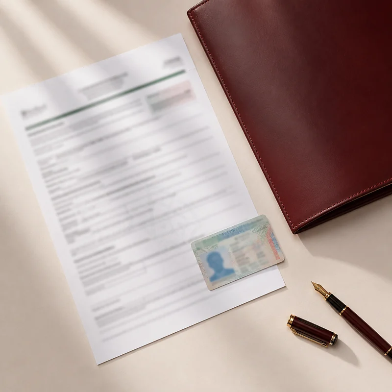 An approved Form I-140 lying on a desk beside a United States permanent resident card, a dark leather portfolio and a fountain pen.